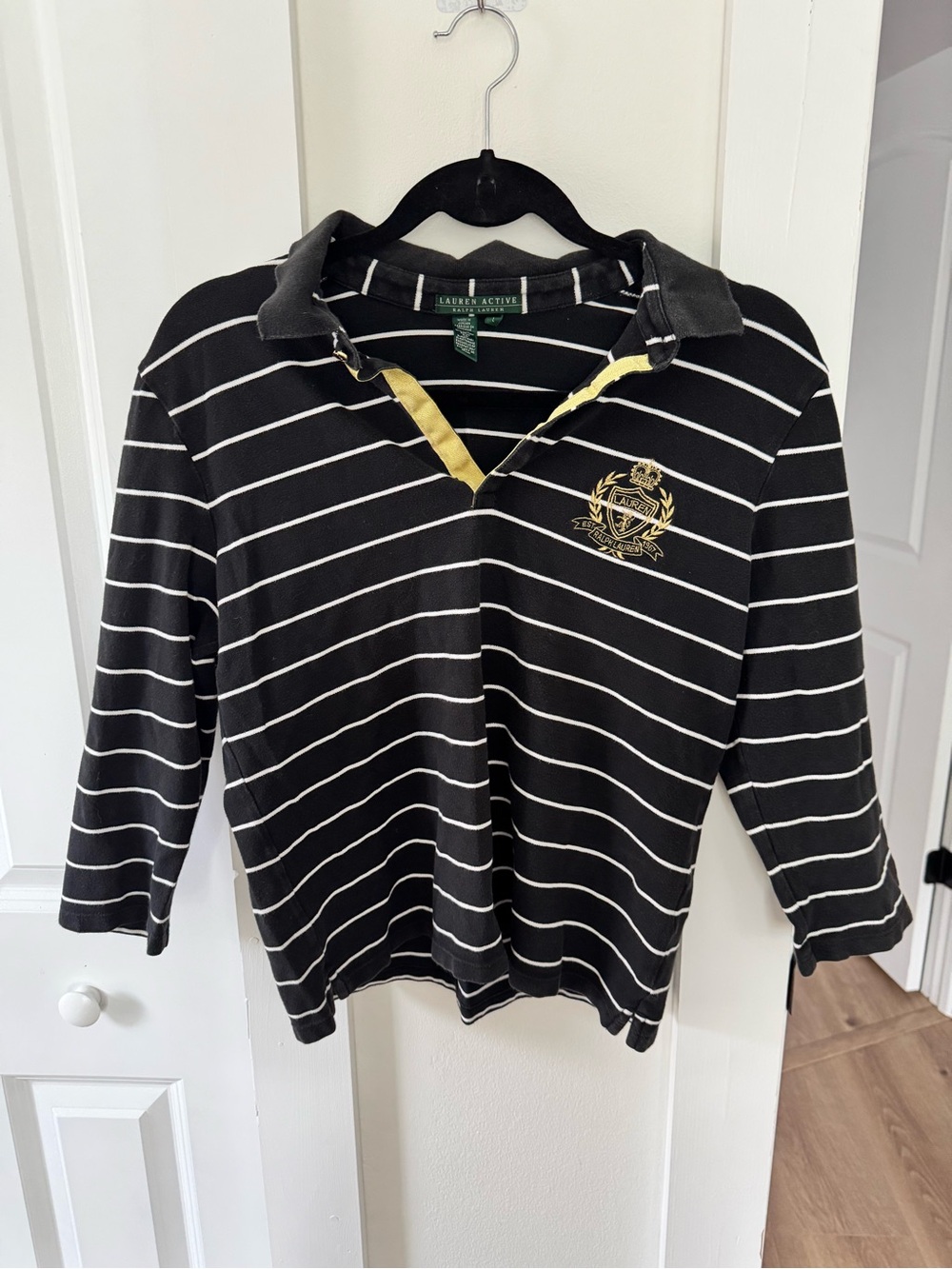 Lauren Ralph Lauren Black and White Striped Long-Sleeve Polo with Yellow Trim